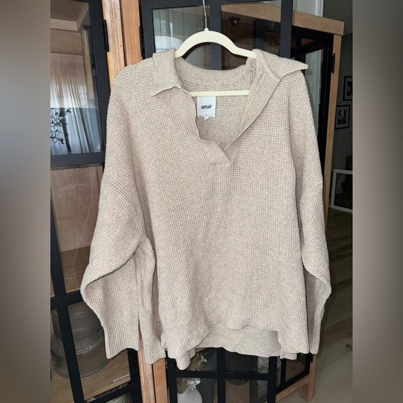 Aerie CozyUp Waffle Polo Sweater beige long sleeve top tee heather fawn ribbed - Picture 2 of 8